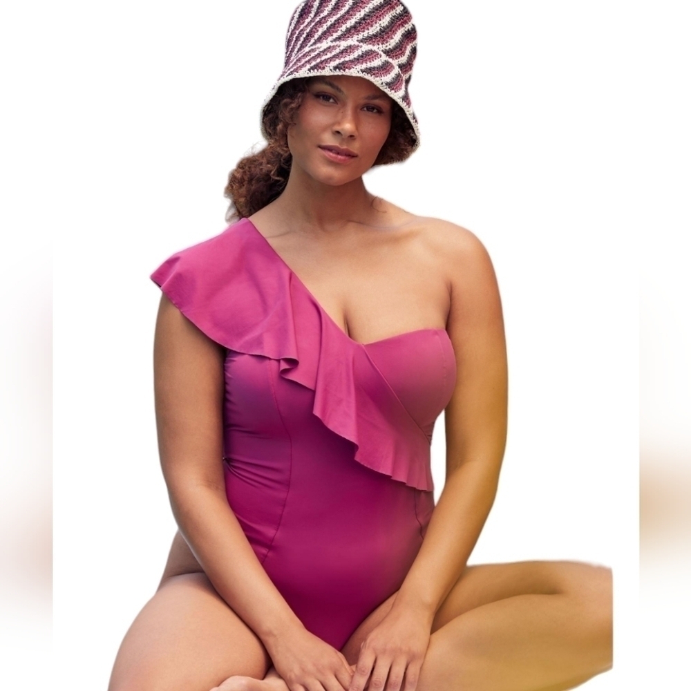 By Anthropologie Asymmetrical Flounce One Piece Swimsuit Ruffled Beach Pool